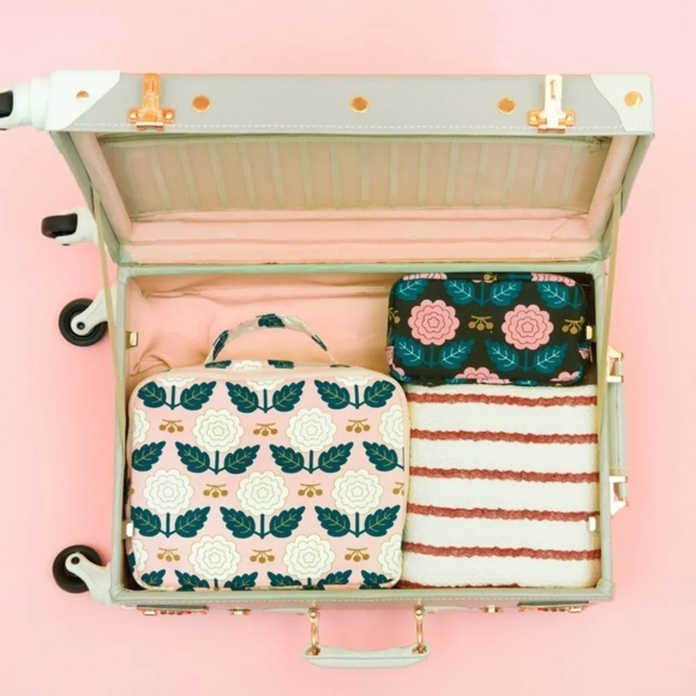 Anthropologie-Black and Pink Floral Cotton Pouch
